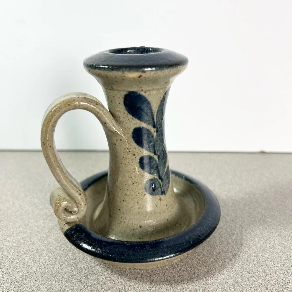 Vintage Salt Glazed Stoneware Candlestick‎ Candle Holder W/Finger Loop 4”
